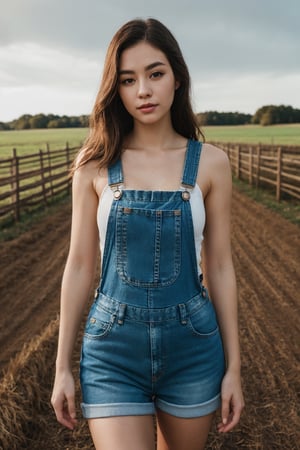 closeup portrait, professional photo, front lit natural lighting, upper body, facing viewer, beautiful thin woman wearing denim overalls, standing straight up outside on a farm, vivid colors,