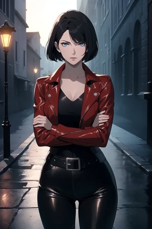 (One Person:1.6), (A Gorgeous 25 Years Old British Female Vampire Mercenary), (Wavy Bobcut Black Hair:1.4), (Pale Skin:1.4), (Sapphire Blue Eyes), (Wearing Red Leather Jacket, Black V-Neck Inner Shirt, and Black Tight Pants:1.4), (City Buildings at Night with Moonlight), (Crossing Arms Pose:1.4), Centered, (Waist-up Shot:1.4), From Front Shot, Insane Details, Intricate Face Detail, Intricate Hand Details, Cinematic Shot and Lighting, Realistic and Vibrant Colors, Masterpiece, Sharp Focus, Ultra Detailed, Taken with DSLR camera, Realistic Photography, Depth of Field, Incredibly Realistic Environment and Scene, Master Composition and Cinematography, castlevania style,castlevania style