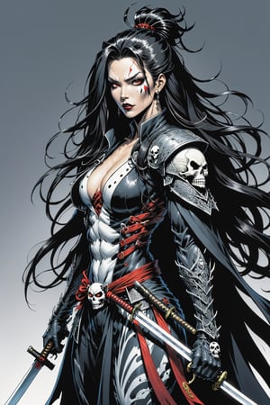 midshot, cel-shading style, centered image, ultra detailed illustration of the comic character ((female Spawn Samurai lady, by Todd McFarlane)), posing, long black long hair, silver and black suit with a skull emblem, long flowing cape,  holding samurai sword, ((view from Behind she’s looking over her shoulder)), ((Full Body)), (tetradic colors), inkpunk, ink lines, strong outlines, art by MSchiffer, bold traces, unframed, high contrast, cel-shaded, vector, 4k resolution, best quality, (chromatic aberration:1.8)