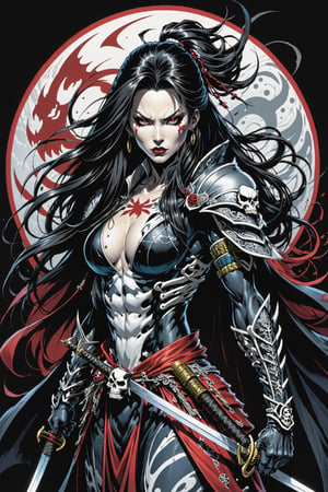 midshot, cel-shading style, centered image, ultra detailed illustration of the comic character ((female Spawn Samurai lady, by Todd McFarlane)), posing, long black long hair, silver and black suit with a skull emblem, long flowing cape,  holding samurai sword, ((view from Behind she’s looking over her shoulder)), ((Full Body)), (tetradic colors), inkpunk, ink lines, strong outlines, art by MSchiffer, bold traces, unframed, high contrast, cel-shaded, vector, 4k resolution, best quality, (chromatic aberration:1.8)