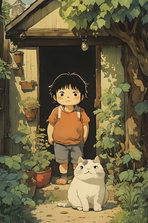 little boy standing next to cute fat cat,black hair,long hair, summer day, symmetry face, niji style, ghibli style