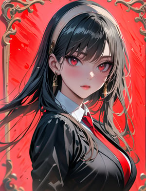 (masterpiece:1.3),best quality,official art,(beautiful and aesthetic:1.3),1girl,solo,official art,(oil painting style:1.2),Yor Forger from , black long hair,straight bangs, (symmetrical bangs:1.2), beige hairband, curled hair ends, red eyes, black suit, red tie, gold earrings,killing intent, half-body shot, turn around,depth of field, light red background,portrait,aesthetic