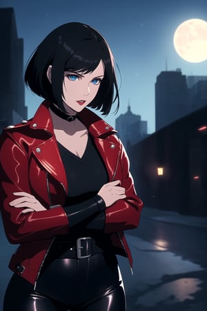 (One Person:1.6), (A Gorgeous 25 Years Old British Female Vampire Mercenary), (Wavy Bobcut Black Hair:1.4), (Pale Skin:1.4), (Sapphire Blue Eyes), (Wearing Red Leather Jacket, Black V-Neck Inner Shirt, and Black Tight Pants:1.4), (City Buildings at Night with Moonlight), (Crossing Arms Pose:1.4), Centered, (Waist-up Shot:1.4), From Front Shot, Insane Details, Intricate Face Detail, Intricate Hand Details, Cinematic Shot and Lighting, Realistic and Vibrant Colors, Masterpiece, Sharp Focus, Ultra Detailed, Taken with DSLR camera, Realistic Photography, Depth of Field, Incredibly Realistic Environment and Scene, Master Composition and Cinematography, castlevania style,castlevania style