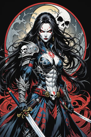 midshot, cel-shading style, centered image, ultra detailed illustration of the comic character ((female Spawn Samurai lady, by Todd McFarlane)), posing, long black long hair, silver and black suit with a skull emblem, long flowing cape,  holding samurai sword, ((view from Behind she’s looking over her shoulder)), ((Full Body)), (tetradic colors), inkpunk, ink lines, strong outlines, art by MSchiffer, bold traces, unframed, high contrast, cel-shaded, vector, 4k resolution, best quality, (chromatic aberration:1.8)