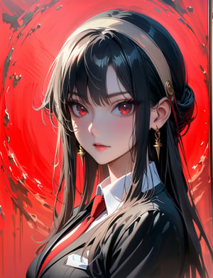 (masterpiece:1.3),best quality,official art,(beautiful and aesthetic:1.3),1girl,solo,official art,(oil painting style:1.2),Yor Forger from , black long hair,straight bangs, (symmetrical bangs:1.2), beige hairband, curled hair ends, red eyes, black suit, red tie, gold earrings,killing intent, half-body shot, turn around,depth of field, light red background,portrait,aesthetic