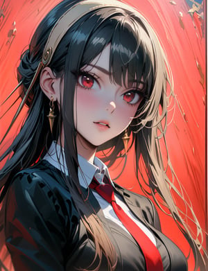 (masterpiece:1.3),best quality,official art,(beautiful and aesthetic:1.3),1girl,solo,official art,(oil painting style:1.2),Yor Forger from , black long hair,straight bangs, (symmetrical bangs:1.2), beige hairband, curled hair ends, red eyes, black suit, red tie, gold earrings,killing intent, half-body shot, turn around,depth of field, light red background,portrait,aesthetic