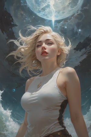 The constellations form infinite paisleys in the sky The condensation tumbles down and erases all my sight And is it in the nightmare map of the cosmos up high? Or is it in the signs? Or stranger still,  just in my eyes?,  art by Clayton Crain,  Stjepan Sejic,  Rachel Walpole,  Jeszika Le Vye,  Peter Mohrbacher,  thunder and portal and dark magic and starlight,  (glowing pupils,  detailed eyes),  1girl,  looking ((crying!!)),  wet white shirt,  blond,  sexy,  Saturn,  Jupiter,  canyon,  cliffs,  ocean,  waves,  Fisheye Lens,  view_from_below,  low_angle,  Leonardo Style