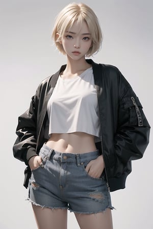 Best quality, masterpiece, ultra high res, (photorealistic:1.4), raw photo, korea girl 22 year old, blond sleek pixie shorts hair style, wearing oversize black jacket bomber m1, shorts bluejeans, white sneaker, solid grey background,