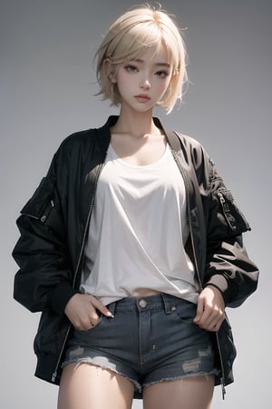 Best quality, masterpiece, ultra high res, (photorealistic:1.4), raw photo, korea girl 22 year old, blond sleek pixie shorts hair style, wearing oversize black jacket bomber m1, shorts bluejeans, white sneaker, solid grey background,