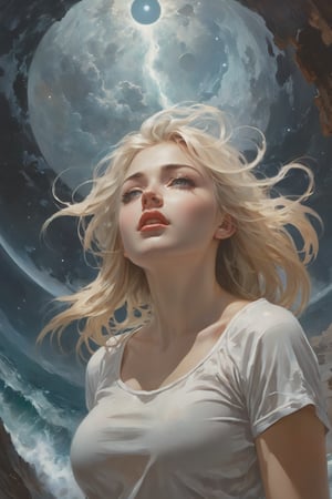 The constellations form infinite paisleys in the sky The condensation tumbles down and erases all my sight And is it in the nightmare map of the cosmos up high? Or is it in the signs? Or stranger still,  just in my eyes?,  art by Clayton Crain,  Stjepan Sejic,  Rachel Walpole,  Jeszika Le Vye,  Peter Mohrbacher,  thunder and portal and dark magic and starlight,  (glowing pupils,  detailed eyes),  1girl,  looking ((crying!!)),  wet white shirt,  blond,  sexy,  Saturn,  Jupiter,  canyon,  cliffs,  ocean,  waves,  Fisheye Lens,  view_from_below,  low_angle,  Leonardo Style