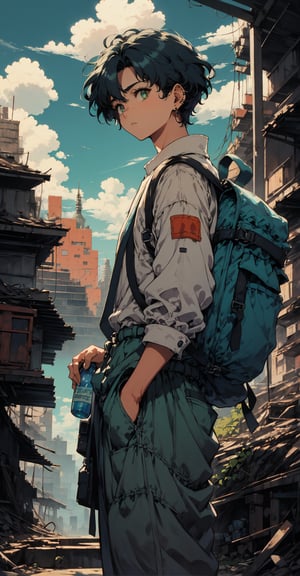 In a warm orange haze, a lone figure emerges against the reclaimed ruins of a city, now teeming with lush vegetation and vibrant greenery. The protagonist, a short-haired young man with bangs and piercings, stands tall, clutching a steel bottle in his hands. His dark-colored, post-apocalyptic attire is worn but determined expression shines through, framed by the bright blue noon sky with puffy white clouds. A small backpack adorns his back, symbolizing resilience and resourcefulness, set against the nostalgic charm of retro-illustration reminiscent of 1980s-1990s anime, as he surveys the revitalized landscape with his green eyes.
