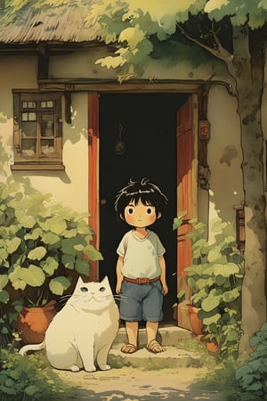 little boy standing next to cute fat cat,black hair,long hair, summer day, symmetry face, niji style, ghibli style