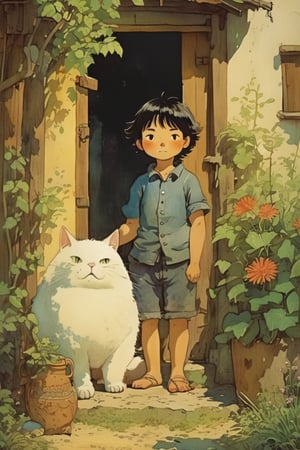 little boy standing next to cute fat cat,black hair,long hair, summer day, symmetry face, niji style, ghibli style