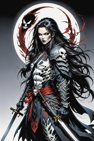 midshot, cel-shading style, centered image, ultra detailed illustration of the comic character ((female Spawn Samurai lady, by Todd McFarlane)), posing, long black long hair, silver and black suit with a skull emblem, long flowing cape,  holding samurai sword, ((view from Behind she’s looking over her shoulder)), ((Full Body)), (tetradic colors), inkpunk, ink lines, strong outlines, art by MSchiffer, bold traces, unframed, high contrast, cel-shaded, vector, 4k resolution, best quality, (chromatic aberration:1.8)