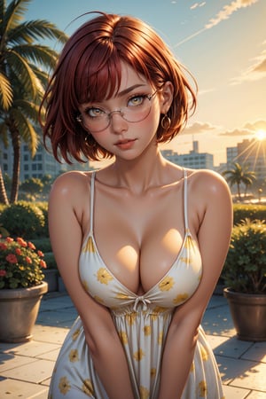 masterpiece, best quality, ultra detailed, ray tracing,  illustration, colorful, cinematic shadow, 1girl, blush, ((large breasts)), (redhead), (short hair), (bob cut), (straight hair), ((swept bangs)), (beautiful eyes), (detailed eyes), yellow eyes, collarbone, earrings, glasses, nude, sundress, (detailed white printed sundress), (cleavage), cowboy shot, close up, sunset, city garden,