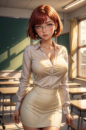 masterpiece, best quality, ultra detailed, ray tracing,  illustration, colorful, cinematic shadow, 1girl, blush, ((large breasts)), (redhead), (short hair), (bob cut), (straight hair), ((swept bangs)), (beautiful eyes), (detailed eyes), (yellow eyes), collarbone, earrings, glasses, nude, ((white shirt)), long sleeves, (aerola), ((mini pencil skirt)), cleavage, skin tight, cowboy shot,  close up, indoor, (school), classroom,