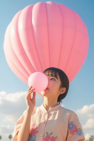 A cheerful and whimsical scene featuring a Japanese girl blowing a large pink bubble with her gum, set against the backdrop of a giant pink hot air balloon. The girl has a playful expression, her eyes sparkling with joy as the bubble expands, ready to pop. She is dressed in a casual, colorful outfit that complements the vibrant atmosphere. The hot air balloon behind her is beautifully detailed, its fabric catching the sunlight and casting a warm glow on the scene. The background is filled with soft, fluffy clouds and a clear blue sky, enhancing the sense of fun and adventure. This image captures the essence of youthful exuberance and the simple pleasures of life, evoking a feeling of happiness and carefree moments