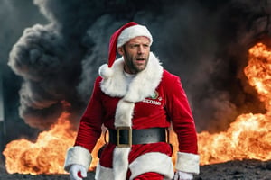 cinematic still of Jason Statham as an action hero Santa Clause, wearing a Santa costume with tactical gear, explosion in a dynamic action movie scene, highly detailed, masterpiece, 8k, hdr, hyper resolution, cinematic