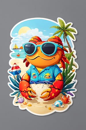 Ilustration,carton crab head, wearing sunglasses that reflect the sea,wearing a beach shirt, withoud crab eye, stickers,sticker