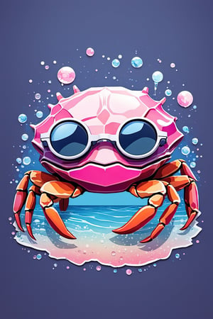 A detailed illustration of a colorful cute sea crab, wearing sunglasses, fantasy splash, modern t-shirt design, in the style of Studio Ghibli, light white and pink pastel tetradic colors, 3D vector art, cute and quirky, fantasy art, watercolor effect, bokeh, Adobe Illustrator, hand-drawn, digital painting, low-poly, soft lighting,, isometric style, retro aesthetic, focusedon the character, 4K resolution, photorealistic rendering, usingCinema 4D, headshot,3d style,sticker,3d,3d render