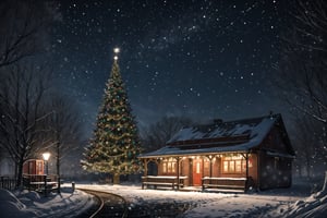 the scene is an outdoor platform, on a small train station, there is a bench and chrstmas tree and christmas decorations, there is snow falling, its is night time, it looks beautiful and magical