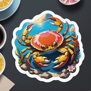 key crab sticker,  sticker art, high angle perspective point of vew,  vintage design, realistic vector art,  Marvel comics style, Adobe Illustrator vector art, cinematic poster style, ((cel-shading:1.1)) Oil painting, colorful, white, pink, orange, blue, yellow, red detailed illustration of a beautiful, cute, happy and smiling ,sticker