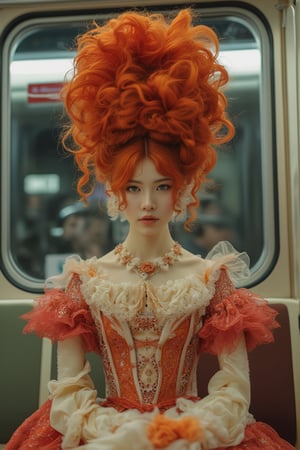 A striking portrait of a beautiful Japanese girl dressed as an elaborate rococo princess, sitting on a metro train. Her gown is a masterpiece of intricate details, with layers of ruffles, lace, and vibrant colors that evoke the opulent style of the 18th century. Her hair is a magnificent creation, a towering mass of curls and waves in a vivid shade of red that commands attention. Despite the humble setting of the metro car, her expression is one of poise and grace, with delicate features and captivating eyes that draw the viewer in. This image blends the grandeur of rococo fashion with the mundane reality of modern life, creating a surreal and visually stunning contrast that leaves a lasting impression,Japan Costume