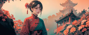 chinese_clothes, colourful background,flower_hair_ornament, medium shot, bokeh, (hdr:1.4), high contrast, (cinematic, teal and orange:0.85), (muted colors, dim colors, soothing tones:1.3), low saturation,