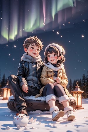 1Boy and 1Girl, 3d,brown eyes,brown hair,korean,creating a magical winter scene that celebrates the artistry of paper craft, happiness, smiling,sitting and talking to each other, aurora lights,a lot of Northern Lights background,