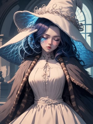 (masterpiece, top quality, best quality, official art, beautiful and aesthetic:1.2), (1girl:1.2), cute, masterpiece, best quality, IncrsRanni, wavy hair, cracked skin, colored skin, blue skin, (extra faces:1.5), extra arms, doll, joints, doll joints, white dress, hat, cloak, , Embark on a color rhapsody, with swirling movements, rhythmic brushwork, and harmonious yet unpredictable color combinations that create a composition alive with visual dynamism and chaos,  one eye closed, blush, medium breasts, curvy, fur cloak,ExtraFacesRanni,Ranni
