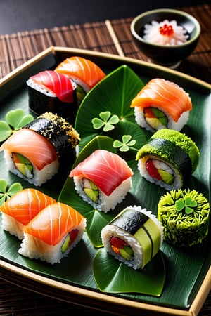 score_9, score_8_up, score_7_up, score_6_up, score_5_up, score_4_up, (Masterpiece, Best Quality:1.5), 
Advanced and gorgeous clover sushi cuisine and matcha,