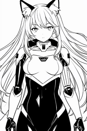 Beautiful girl with cat like ears wearing a suit (bodysuit) that is a tight fit. medium breasts, slime thicc,, 1 girl,mecha,line anime,fujimotostyle,LINEART,
masterpiece, best quality, aesthetic,line art,monochome,mecha,robot,masterpiece