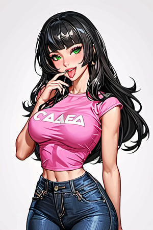 score_9, score_8_up, score_7_up,score_6_up, high resolution, BREAK 1girl, solo, jeans, pink sleeveless T-shirt, beautiful girl,with a diadem of gold laurels, long hair, straight hair, bangs, black hair, bright-green emerald eyes, long eyelashes, sticking_tongue_out, saliva, large hips, narrow waist, gaming cafe,charcoal \(medium\),Simple design. Cartoon. Large design. Pure white background. Vector art. No colors. White background. Pokemon cartoon vectoral sketch. Very simple drawing. Black lines on white. There is no black part. No shades. It's for coloring. No black spots, only the lines. Very simple vector sketch. Low detail. Zero shading. Only black and white.