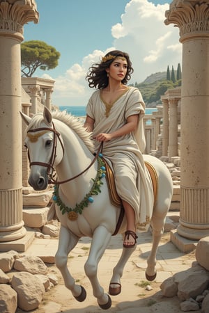 AniReal, illustration of an animated Greek maiden riding horseback through ancient Hellas. She is dressed in a flowing white chiton  with gold trim along the edges, the fabric elegantly draped and secured with ornate bronze fibulae at her shoulders, paired with leather sandals that lace up her calves. The rider sits gracefully sidesaddle on a white horse adorned with olive leaf garlands, her right hand holding loose reins decorated with Mediterranean blue beads, while her left hand rests gently on the horse's mane. Her dark curled hair is partially gathered with a golden laurel wreath, with loose curls dancing in the Aegean breeze. Her expression is serene yet dignified, embodying classical Greek beauty. The background features ancient marble columns, cypress trees, and the azure Mediterranean Sea in the distance.