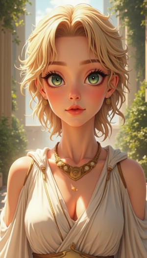 (a beautiful woman wearing white ancient greek dress), (short blonde curly-hair:1.2), green eyes, perfect anatomy, perfect face,
 looks at the camera, golden earings, golden necklace, hyper-detailed, intricately detailed, ancient greece theme, volumetric, vibrant, sunlight, sexy pose, full body
Detailed Textures, high quality,
high resolution, high Accuracy, realism, color correction, Proper lighting settings, harmonious composition, Behance works,1girl_Anime