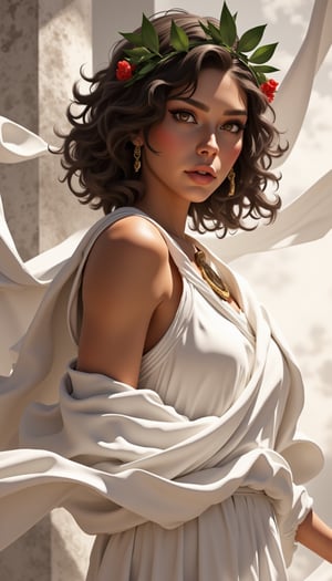 a Greek woman, classical beauty, olive skin, dark curly hair, laurel wreath, flowing white chiton, ancient Greek style, soft lighting, detailed facial features, serene expression, marble background, photorealistic, high resolution,Detailed Textures, high quality, high resolution, high Accuracy, realism, color correction, Proper lighting settings, harmonious composition, Behance works,1girl_Anime