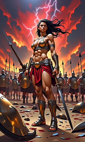 Oil painting in the dramatic style of Frank Frazetta. A super sexy warrior queen, reminiscent of a female Leonidas at Thermopylae, dominates the foreground. Her athletic figure is accentuated by minimalistic, battle-worn armor that reveals her toned physique.
The queen stands in a dynamic battle stance, muscles tensed, wielding a bloodied sword in one hand. Her long, wild hair whips in the wind, framing a face that combines fierce determination with alluring beauty. A broken spear lies at her feet, testament to the ferocity of the battle.
Behind her, a Greek phalanx pushes forward against an unseen enemy, their bronze shields and spears creating a sea of metal. The queen stands slightly apart, clearly the leader and focal point of the composition.
The sky is a tempest of angry reds and deep purples, with flashes of lightning illuminating the roiling clouds. In the distance, fires rage, sending plumes of smoke into the turbulent sky and casting an otherworldly glow across the battlefield.
A discarded shield lies in the foreground, its polished surface reflecting the chaotic sky and adding depth to the scene. The ground is littered with the detritus of battle: broken weapons, fallen helmets, and the occasional fallen warrior.
The overall palette is rich with warm tones - deep reds, burnished golds, and earthy browns - contrasting sharply with the cool blues and greys of steel and storm. The brushwork is bold and expressive, with particular attention paid to the play of light on skin and metal.
This painting captures a moment of high drama, blending historical epic with fantasy elements in true Frazetta style. The composition draws the eye to the warrior queen, making her the undeniable hero of this savage and sensual battle scene.