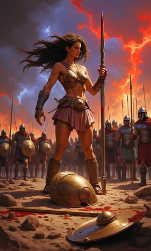 Oil painting in the dramatic style of Frank Frazetta. A super sexy warrior queen, reminiscent of a female Leonidas at Thermopylae, dominates the foreground. Her athletic figure is accentuated by minimalistic, battle-worn armor that reveals her toned physique.
The queen stands in a dynamic battle stance, muscles tensed, wielding a bloodied sword in one hand. Her long, wild hair whips in the wind, framing a face that combines fierce determination with alluring beauty. A broken spear lies at her feet, testament to the ferocity of the battle.
Behind her, a Greek phalanx pushes forward against an unseen enemy, their bronze shields and spears creating a sea of metal. The queen stands slightly apart, clearly the leader and focal point of the composition.
The sky is a tempest of angry reds and deep purples, with flashes of lightning illuminating the roiling clouds. In the distance, fires rage, sending plumes of smoke into the turbulent sky and casting an otherworldly glow across the battlefield.
A discarded shield lies in the foreground, its polished surface reflecting the chaotic sky and adding depth to the scene. The ground is littered with the detritus of battle: broken weapons, fallen helmets, and the occasional fallen warrior.
The overall palette is rich with warm tones - deep reds, burnished golds, and earthy browns - contrasting sharply with the cool blues and greys of steel and storm. The brushwork is bold and expressive, with particular attention paid to the play of light on skin and metal.
This painting captures a moment of high drama, blending historical epic with fantasy elements in true Frazetta style. The composition draws the eye to the warrior queen, making her the undeniable hero of this savage and sensual battle scene.