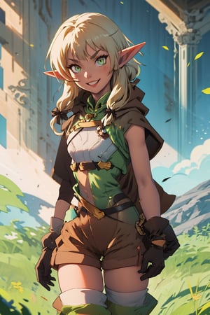 masterpiece, best quality, highres, 1girl, elf, pointy ears, golden hair, long hair, green eyes, hair bow, black gloves, brown shorts, sidelocks, cloak, green thighhighs, short shorts, belt, small breasts, , cowboy shot, standing, smile, raised eyebrows