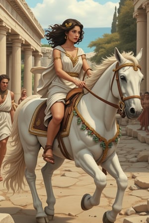 AniReal, illustration of an animated Greek maiden riding horseback through ancient Hellas. She is dressed in a flowing white chiton with gold trim along the edges, the fabric elegantly draped and secured with ornate bronze fibulae (別針) at her shoulders, paired with leather sandals that lace up her calves. The rider sits gracefully sidesaddle on a white horse adorned with olive leaf garlands, her right hand holding loose reins decorated with Mediterranean blue beads, while her left hand rests gently on the horse's mane. Her dark curled hair is partially gathered with a golden laurel wreath, with loose curls dancing in the Aegean breeze. Her expression is serene yet dignified, embodying classical Greek beauty. The background features ancient marble columns, cypress trees, and the azure Mediterranean Sea in the distance.