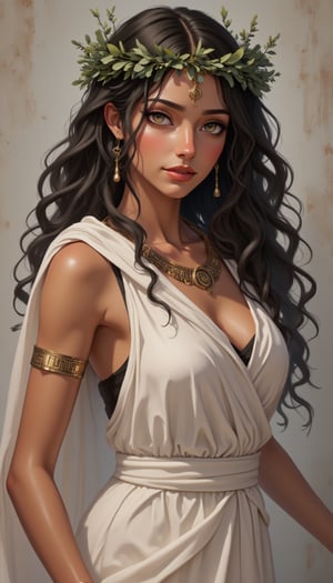 a Greek woman, classical beauty, olive skin, dark curly hair, laurel wreath, flowing white chiton, ancient Greek style, soft lighting, detailed facial features, serene expression, marble background, photorealistic, high resolution,Detailed Textures, high quality, high resolution, high Accuracy, realism, color correction, Proper lighting settings, harmonious composition, Behance works,1girl_Anime