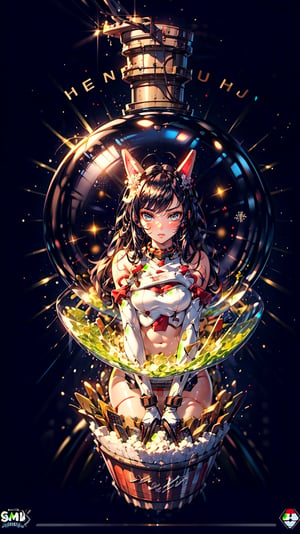 (Masterpiece, Superior） 
(Masterpiece, Superior, Superb, Official Art, Beautiful :1.2), A young girl, long black hair , eautiful women with cat like ears wearing a suit (bodysuit) that is a tight fit. medium breasts, slime thicc, em (typography),
(container, bottle), snowflake background ,
,SGBB
<em><u>phgls, in container,bottle,3dcharacter,Mecha,mecha,phgls