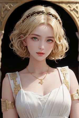 (Portrait of a beautiful woman wearing white ancient greek dress), (short blonde curly-hair:1.2), green eyes, perfect anatomy, perfect face, looks at the camera, golden earings, golden necklace, hyper-detailed, intricately detailed, perfect lighting, (complex-background, greek mythology), ancient greece theme, volumetric, vibrant, sunlight, sexy pose, full body