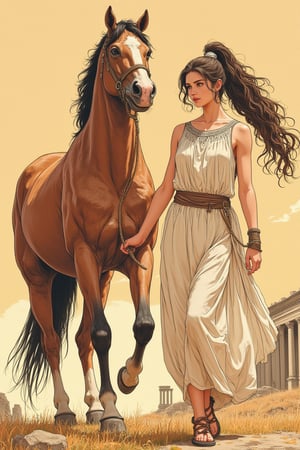 A warm autumn afternoon scene: a young girl in ancient Greek attire leading a horse. The girl wears a flowing chiton dress with intricate folds and a decorative belt. Her hair is styled in a classical Greek updo with ribbons. She gently holds the reins of a majestic horse standing beside her. The horse is finely rendered with attention to its musculature and mane. The background hints at a Greek landscape with distant columns or ruins. The artwork should have crisp, clean lines and high contrast, emphasizing the manga aesthetic while maintaining the classical Greek elements. Include subtle shading and textures to enhance the depth and detail of the image.