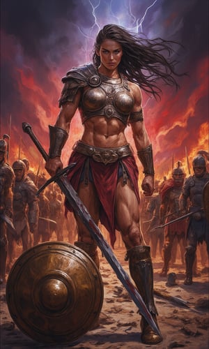 Oil painting in the dramatic style of Frank Frazetta. A super sexy warrior queen, reminiscent of a female Leonidas at Thermopylae, dominates the foreground. Her athletic figure is accentuated by minimalistic, battle-worn armor that reveals her toned physique.
The queen stands in a dynamic battle stance, muscles tensed, wielding a bloodied sword in one hand. Her long, wild hair whips in the wind, framing a face that combines fierce determination with alluring beauty. A broken spear lies at her feet, testament to the ferocity of the battle.
Behind her, a Greek phalanx pushes forward against an unseen enemy, their bronze shields and spears creating a sea of metal. The queen stands slightly apart, clearly the leader and focal point of the composition.
The sky is a tempest of angry reds and deep purples, with flashes of lightning illuminating the roiling clouds. In the distance, fires rage, sending plumes of smoke into the turbulent sky and casting an otherworldly glow across the battlefield.
A discarded shield lies in the foreground, its polished surface reflecting the chaotic sky and adding depth to the scene. The ground is littered with the detritus of battle: broken weapons, fallen helmets, and the occasional fallen warrior.
The overall palette is rich with warm tones - deep reds, burnished golds, and earthy browns - contrasting sharply with the cool blues and greys of steel and storm. The brushwork is bold and expressive, with particular attention paid to the play of light on skin and metal.
This painting captures a moment of high drama, blending historical epic with fantasy elements in true Frazetta style. The composition draws the eye to the warrior queen, making her the undeniable hero of this savage and sensual battle scene.