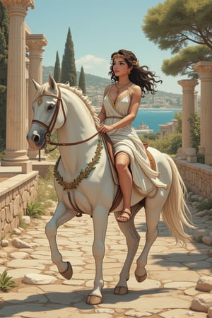 AniReal, illustration of an animated Greek maiden riding horseback through ancient Hellas. She is dressed in a flowing white chiton  with gold trim along the edges, the fabric elegantly draped and secured with ornate bronze fibulae (別針) at her shoulders, paired with leather sandals that lace up her calves. The rider sits gracefully sidesaddle on a white horse adorned with olive leaf garlands, her right hand holding loose reins decorated with Mediterranean blue beads, while her left hand rests gently on the horse's mane. Her dark curled hair is partially gathered with a golden laurel wreath, with loose curls dancing in the Aegean breeze. Her expression is serene yet dignified, embodying classical Greek beauty. The background features ancient marble columns, cypress trees, and the azure Mediterranean Sea in the distance.