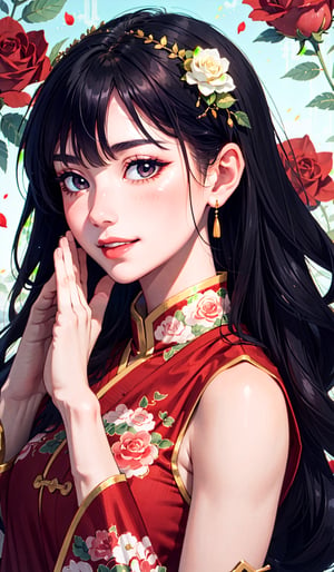 Masterpiece in UHD, with sharp details. Style inspired by traditional Chinese painting, in an artistic fusion of portrait and nature. | A beautiful Chinese woman is elegantly dressed in a traditional red Chinese garment, standing out amidst a lush background filled with red roses. Her dark hair is delicately combed and adorned with golden accessories, while her face reflects serenity and gracefulness. She is in an elegant pose, with her hands lightly raised in a delicate gesture, as if she were appreciating the beauty of the flowers around her. | The composition of the scene enhances the beauty of the woman and the lushness of the roses, with a viewpoint that highlights her figure centralized amidst the sea of flowers. The soft lighting enhances the details of the garment and the woman's face, creating an atmosphere of serenity and elegance. | The light filtered through the rose petals creates an ethereal effect, adding a touch of magic to the scene. The gentle movement of the petals in the wind adds dynamism to the composition, while the intense red tones provide a sense of warmth and passion. | Portrait of a beautiful Chinese woman in a traditional red garment, amidst a stunning backdrop of red roses. | ((smile)), ((perfect_fingers, perfect_hands, better_hands)), ((More Detail)),