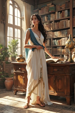 A digital illustration of a young woman in a classical Greek style within a grand library setting, with soft afternoon light streaming through tall arched windows. She has flowing dark hair adorned with a delicate gold olive leaf circlet, Mediterranean olive complexion, and thoughtful brown eyes focused on her studies.
Character details (Greek style):
flowing white chiton with elegant draping
delicate gold fibulae at shoulders
soft blue himation draped across one shoulder
thin golden cord tied beneath bust
simple leather sandals with crossed straps
small gold olive leaf hair pins catching the light
classic Greek meander pattern trim on garment edges
Same library atmosphere with Greek elements added:
towering wooden bookshelves filled with scrolls and books
mixture of papyrus scrolls and leather-bound volumes
Greek amphora vase on display nearby
small marble bust of Athena on desk
bronze oil lamp instead of modern reading lamp
carved wooden desk with Greek key patterns
scattered olive leaves used as bookmarks
Environmental elements:
dust motes dancing in sunbeams
view of cypress trees through windows
Greek mosaic patterns in floor tiles
bronze and marble decorative elements
terracotta pottery with classical scenes
ceramic cup of herb tea beside open scrolls
Lighting details:
golden afternoon light through windows
warm glow from bronze oil lamp
subtle shadows between bookshelves
light playing on white fabric folds
gentle illumination on gold accessories,AniReal,Perfect_Face, Perfect_Body,iphone photo