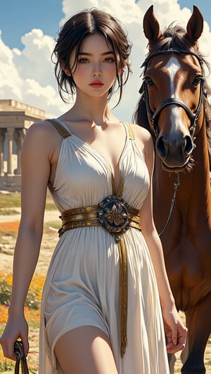 XUER guangying,,
score_9,score_8_up,score_7_up,
Photo, realistic, light refraction, A warm autumn afternoon scene: a european young girl in ancient Greek attire leading a horse. The girl wears a flowing chiton dress with intricate folds and a decorative belt. Her hair is styled in a classical Greek updo with ribbons. She gently holds the reins of a majestic horse standing beside her. The horse is finely rendered with attention to its musculature and mane. The background hints at a Greek landscape with distant columns or ruins. The artwork should have crisp, clean lines and high contrast, emphasizing the manga aesthetic while maintaining the classical Greek elements. Include subtle shading and textures to enhance the depth and detail of the image., beautiful 8k photorealistic,
