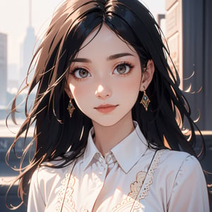 (Highest Quality), (Realistic, Realistic:1.1), Highest Quality, Masterpiece, Beautiful and Aesthetic, 16K, High Contrast, (Vivid Colors:1.3), Exquisite Details and Textures, Cinematic Shots, Warm Tone, (Bright, Intense), Highly realistic illustration background, black long hair, brown eyes, beautiful Korean girl, pale skin, small earrings, detailed character design style, digital airbrushing, 8k resolution, glowing colors Ultra HD, detailed painting, wide smiling face, Sparkly, cute and adorable, surreal, breathtaking beauty, pure perfection, divine, unforgettable, impressive, front view, skirt, shirt,masterpiece